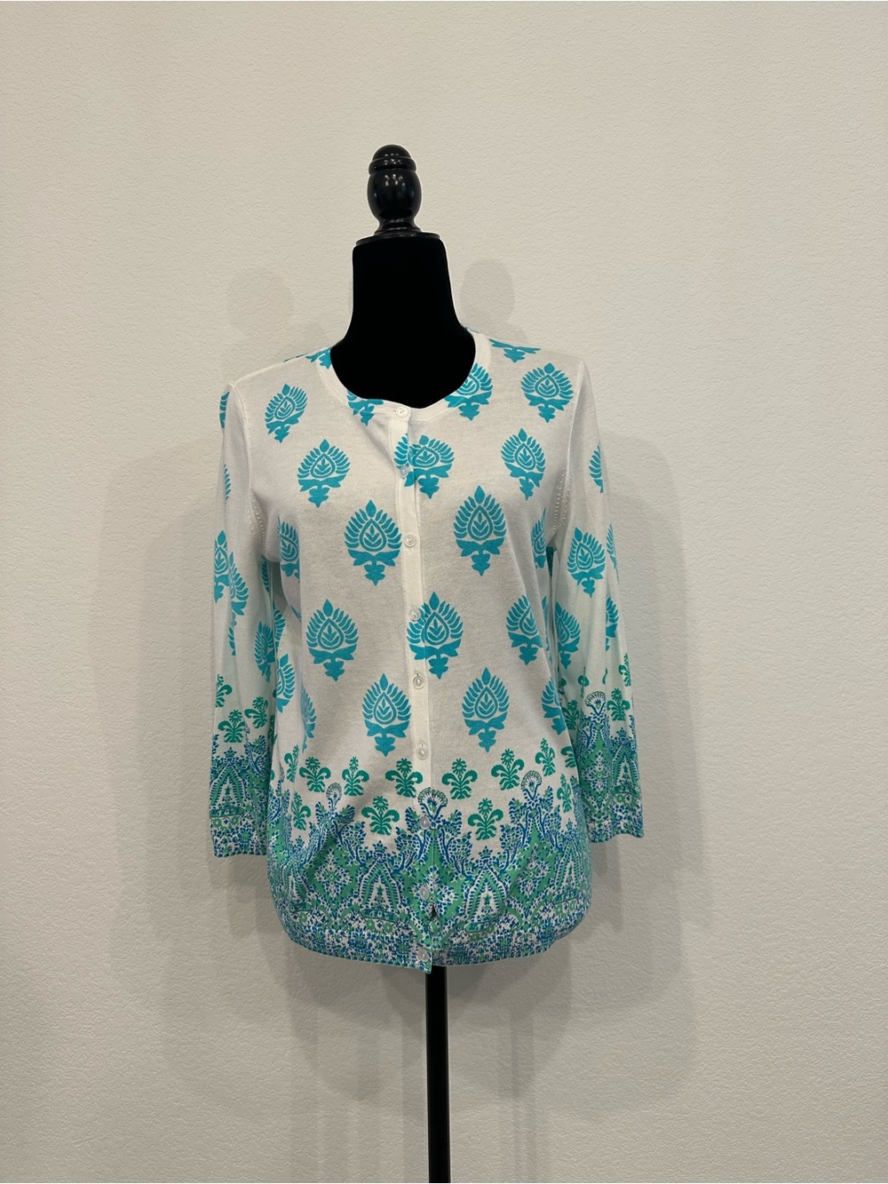 Talbots White Button-Front Top with Teal and Aqua Motif